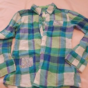 Justice Plaid Collar Blouse Girls Sparkle Pocket.